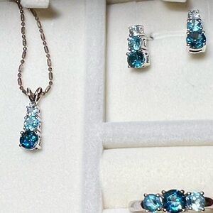 STERLING SILVER Triple Blue Natural Topaz, 3 piece set-Necklace,Ring,Earrings.